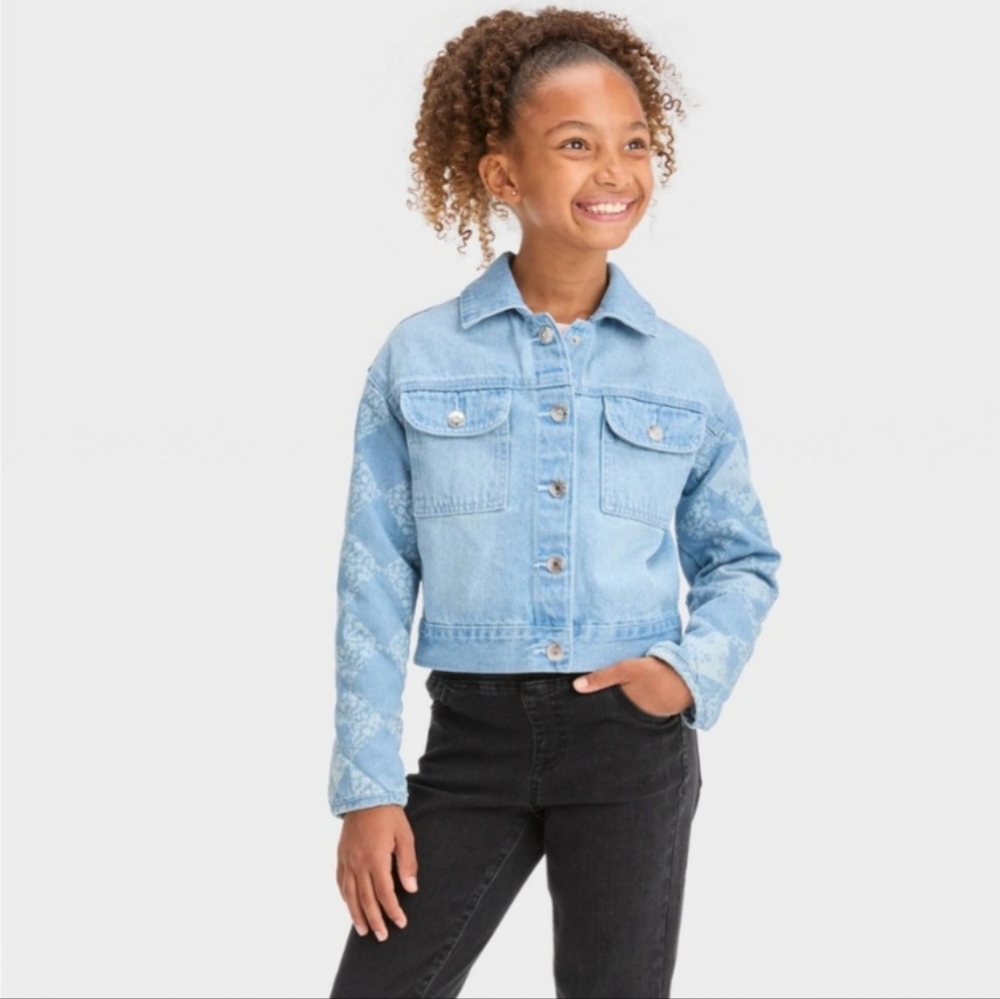 Cat & Jack Girls' Quilted Sleeve Jean Jacket Light Wash Size XL NWT